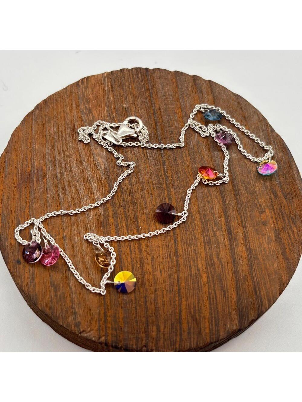 925 Sterling Silver Necklace Round Multi Charms Necklace Colorful Beads